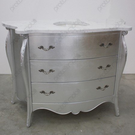 Mobile Bagno Barocco Intagliato foglia argento top in marmo di Carrara e lavabo rotondo